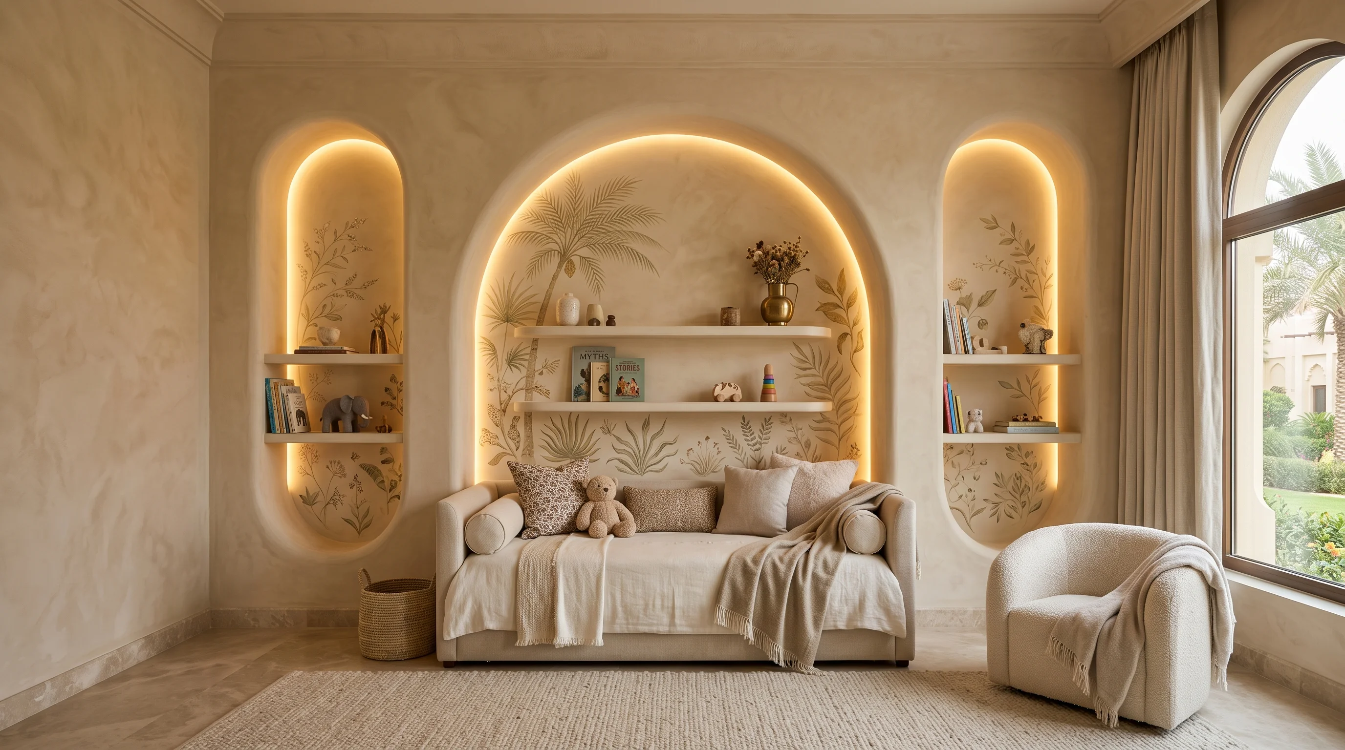 Curved plaster bedhead arch with indirect cove lighting in Al Waab villa
